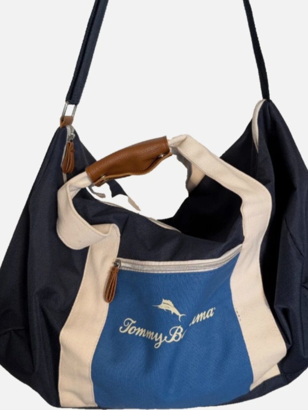 Tommy Bahama Duffel Bag Navy Blue White Canvas Tote Shoulder Strap Large Travel